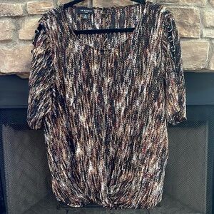 I.N. Studio black, red, gold high-low blouse w/ see through sleeves. Size 1X
